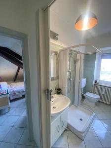 a bathroom with a sink and a shower and a toilet at Appartamento Lella Acqui terme zona corso bagni in Acqui Terme +13 photos