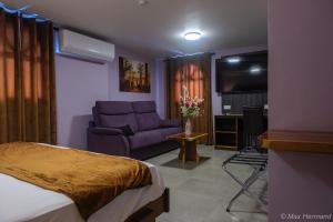 a bedroom with a bed and a couch and a tv at Domaine du lac bleu in Saint-Laurent du Maroni
