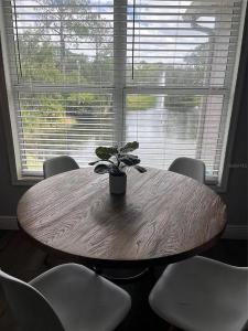 una mesa de madera con una maceta frente a una ventana en Parkway Palms Resort 1 bed condo mins to Disney., en Orlando