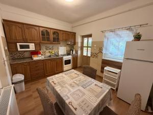 a kitchen with a table and a refrigerator at Mária Vendégház in Bogács
