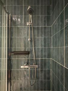 a shower with a shower head in a green tiled bathroom at Grande Cittadella Rooms in Genova +31 photos