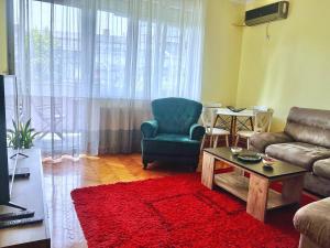 a living room with a couch and a chair and a red rug at City Fontana in Kruševac