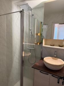 La salle de bains est pourvue d'une douche, d'un lavabo et d'un lavabo. dans l'établissement Paradise Azur, à Saint-Raphaël