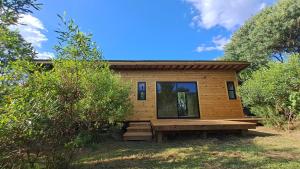 a tiny house with a porch in the woods at Mapuche de Puntanegra in Punta Colorada