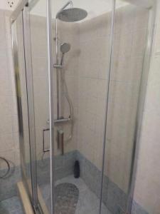 een douche met een glazen deur in een badkamer bij Lia Apartment Sea View in Nea Fokea +18 foto's