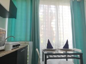 プンタ・カナにあるCondo 1bdr 1bth garden viewのナプキンが置かれたテーブルのあるキッチン