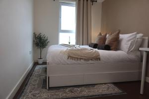 a bedroom with a bed with pillows and a window at Newcastle City Centre Apartment with Free Private Parking, Walk Away to Quayside in Newcastle upon Tyne