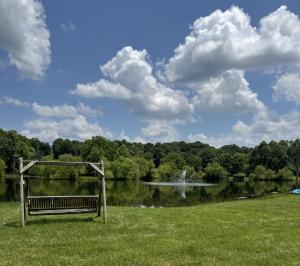 a park bench sitting in the grass near a lake at Rustic Way in McArthur