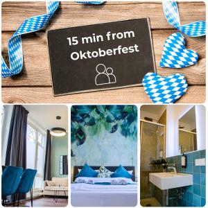 a collage of pictures of a hotel room with a min from olymp at HOMELY STAY Studio 6 - Your Comfortable Self-Check-In Studio in Munich - 15 min from Oktoberfest in Munich