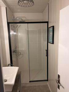 a bathroom with a shower and a sink at Les Sables d'Olonne, Les Présidents, charmant appartement lumineux, plage 150 m. in La Rudelière