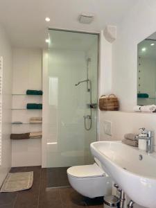 ein Badezimmer mit Toilette, Waschbecken und Dusche in der Unterkunft Fortuna House Vis in Vis