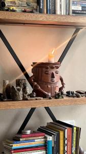 a book shelf with a candle on top of books at Casa completa con piscina - Casa Dorotea in Macas