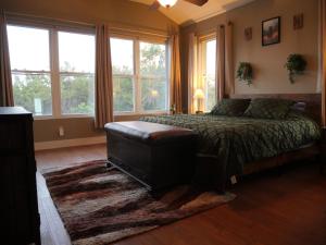a bedroom with a bed and a large window at Hilltop Saltwater Pool and Hot Tub in Dripping Springs