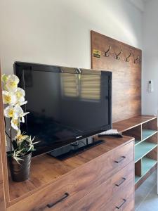 ヴェリコ・タルノヴォにあるAlex Apartmentの木製エンターテイメントセンターの上に座って薄型テレビを設置