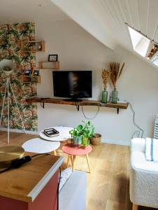 a living room with a couch and a tv at Studio 14 Un véritable cocon en Centre Ville in Bagnères-de-Bigorre +7 photos