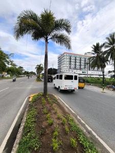 a white van driving down a street with a palm tree at AMS Apartment in Butuan