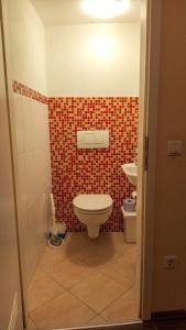 baño con aseo y pared de azulejos rojos en Sonnige 2-Zimmer Wohnung mit Terrasse und Garten, en Nagold