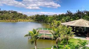 uitzicht op een meer met een huis en palmbomen bij Pousada e Pesqueiro Belo Vale in Juquiá