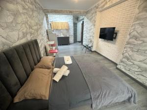 a living room with a couch and a tv at Аэропорт apartments in Pokrovka