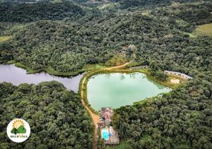 een luchtzicht op een meer midden in een bos bij Pousada e Pesqueiro Belo Vale in Juquiá
