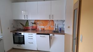 een keuken met witte kasten en een spoelbak bij Wohnung Brand in Neumarkt in der Oberpfalz