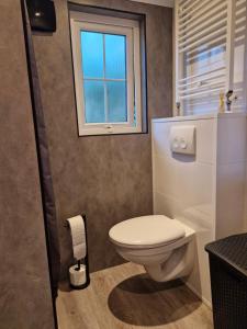 a bathroom with a toilet and a window at Chalet Vakantie Wageningen Veluwe in Wageningen +11 photos
