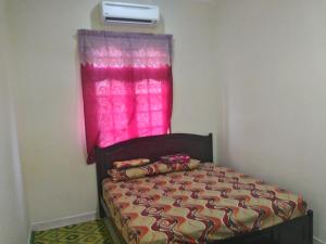 哥打巴魯的住宿－Z&R民宿，一间卧室配有一张带粉红色窗帘的床