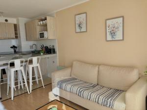 a living room with a couch and a kitchen at Departamento Centro Chillan - Parking -Vista in Chillán