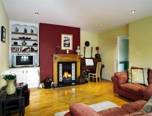 ein Wohnzimmer mit einem Kamin und einem Sofa in der Unterkunft Greenlawn Lodge in Lisdoonvarna