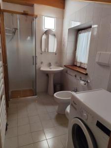 a bathroom with a shower sink and a washing machine at Stella Alpina Holiday Home in Auronzo di Cadore +14 photos