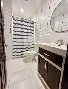 a bathroom with a sink and a toilet and a mirror at 360 Suites, Seaside Luxury, 4 Bedrooms, 3 Bath in Caye Caulker