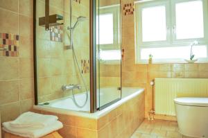 a bathroom with a shower with a tub and a toilet at Wellness & Fun am Bodensee - mit Pool, Kino, Tischkicker und Terrasse in Markdorf +29 photos