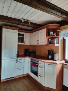 eine Küche mit weißen Schränken und einem Herd mit Backofen in der Unterkunft Ferienhaus Gut Haselbach im Erzgebirge in Olbernhau
