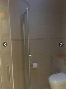 a bathroom with a shower with a toilet and a glass door at Stunning Studio1, Banstead with free off st parking in Banstead +14 photos
