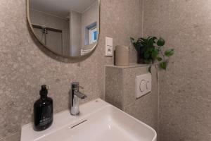 ein Waschbecken mit einem Spiegel und einer Flasche Seife in der Unterkunft University Tilburg Affordable Room Walk In Nature in Tilburg