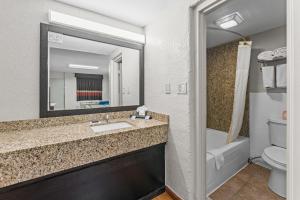 a bathroom with a sink and a toilet and a mirror at Guest Inn Rogers in Rogers