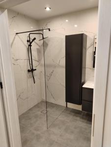 a bathroom with a shower and a sink at Podłęże Trawniki Industrial Zone  +12 photos