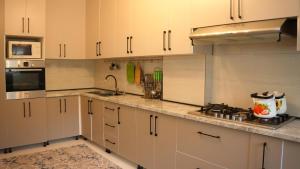 a large kitchen with white cabinets and a sink at Royal Pool Cottage in Shymkent