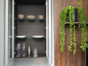 Una vitrina con vasos, platos y plantas. en Vanguard Ipiranga, en São Paulo 83 fotos más