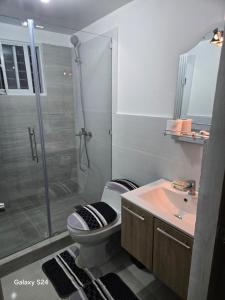 une salle de bains avec douche, toilettes et lavabo dans l'établissement Peaceful Cottage, à Santiago de los Caballeros