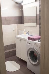 La salle de bains est pourvue d'un lave-linge et d'un lavabo. dans l'établissement Apartment Izumrudnyy Bereg, à Omsk