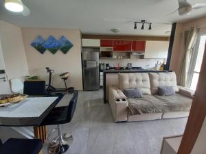 linda vista mar,2 quartos,Ocian SP في برايا جراندي: غرفة معيشة مع أريكة ومطبخ