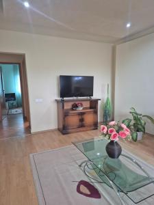 a living room with a tv and a glass table at Apartament Crăciunița in Timişoara