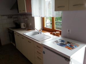 um balcão de cozinha com um lavatório e uma janela em Akra em Zakopane