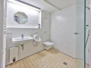 a bathroom with a toilet and a sink and a shower at Gemütliche Wohnung in Hellenthal in Hellenthal +27 photos