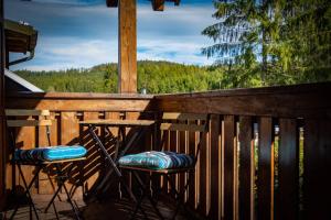 two stools on a porch with a view of the forest at Ferienwohnung zum Forsthaus mit Sauna in Oberviechtach