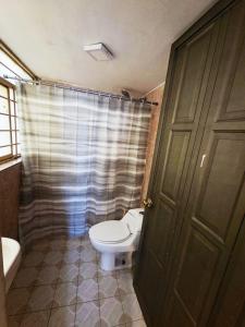 a bathroom with a toilet and a shower curtain at Departamento acogedor y céntrico in Oaxaca City