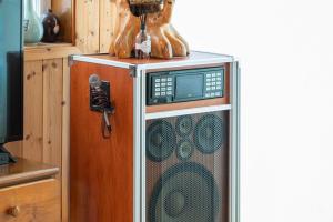 un forno a microonde seduto sopra un frigorifero di Pocheon Rose Garden Pension a Pocheon Altre 4 foto