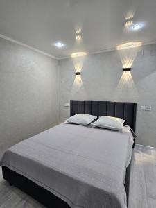 a bedroom with a bed with two pillows and two lights at Квартира однокомнатная in Balqash