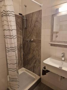 a bathroom with a shower and a sink at Sunny&Cozy - Maisonette Apartment in See Nähe in Sankt Urban